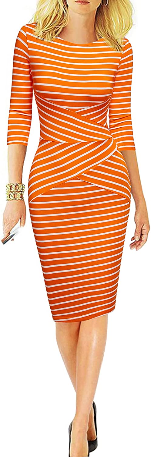 Women 3/4 Sleeve Striped Wear to Work Business Cocktail Pencil Dress