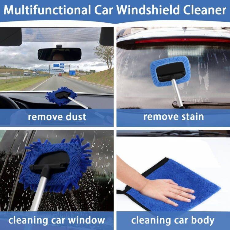 5 PCS Windshield Cleaning Tools, 18 inch Microfiber Car Window Cleaning Tool with Extendable Handle, Auto Interior Exterior Glass Wiper Car Glass Cleaner Kit with Microfiber Bonnet Pads and Cloth