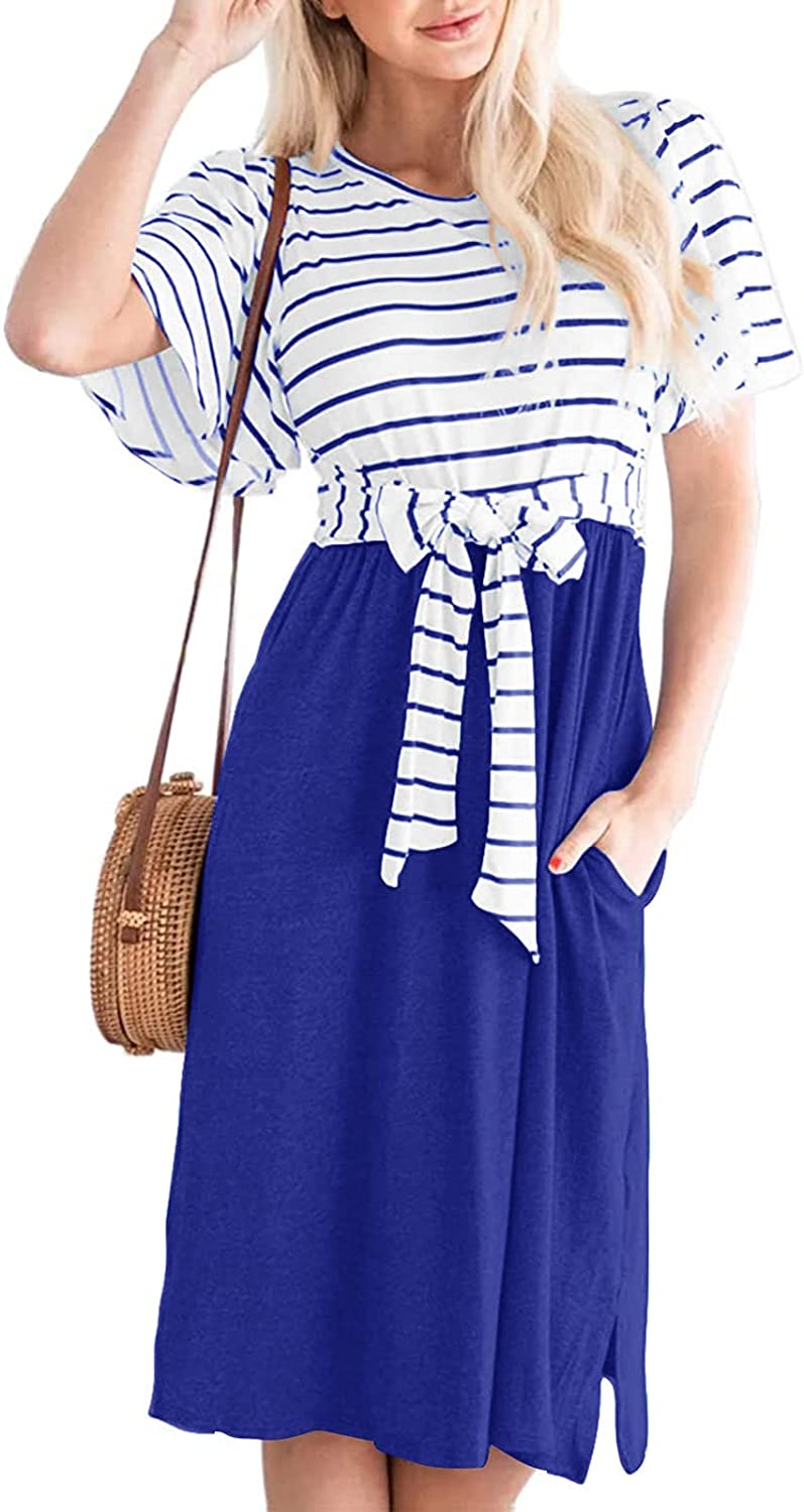 Women's Summer Striped Ruffle Sleeves Tie Waist Pockets Casual Swing Midi Dress