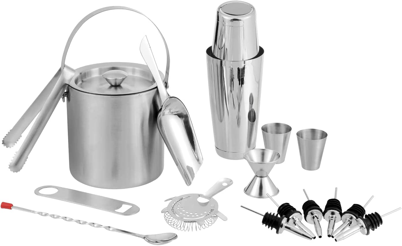 Stainless Steel Cocktail Set | 17 Piece Bar Accessories Set | 26 Ounce Boston Shaker w/Strainer Rubber Pourers Bar Jigger, Cocktail Spoon & More | Drink Mixer Bar Set | Bartender Kit