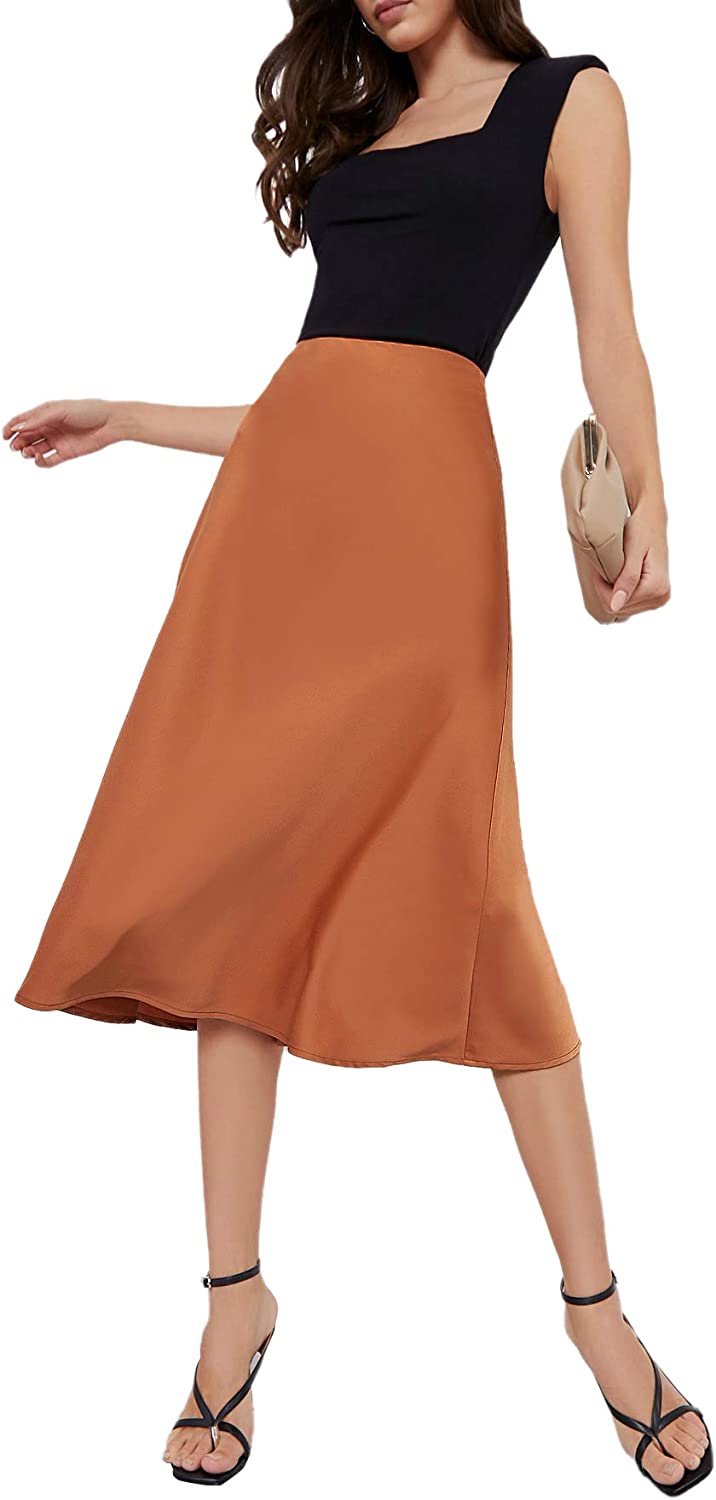 Women's High Waist A Line Skirts Solid Zipper Up Flared Midi Skirt