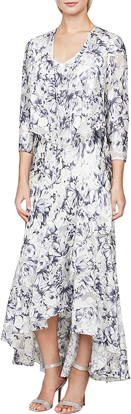 Evenings Women's Tea Length Printed Chiffon Dress with Shawl