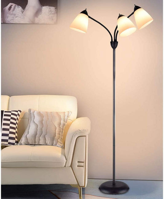 Modern Reading Floor Lamp, 3-Light with Adjustable Flexible Gooseneck Tree Standing Lamp for Living Room, Bedroom, Study Room, Office -Black Metal White Shades, E26 Base