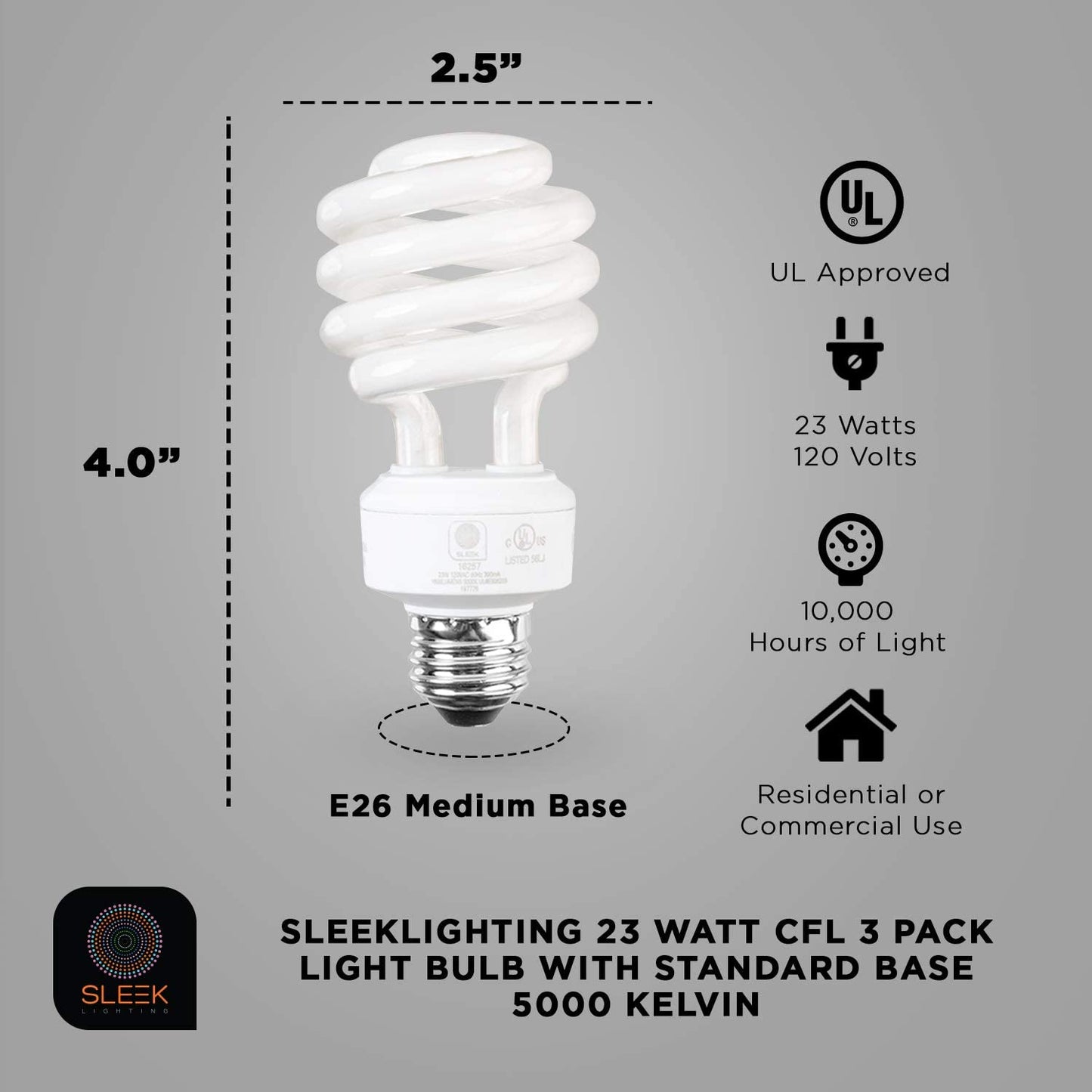 SleekLighting E26 Standard Screw Base 23Watt CFL Light Bulb - 3 Pack, 5000 Kelvin for Pure White Daylight and 1600 Lumens (100 Watt Light Bulb Equivalent) - UL Listed
