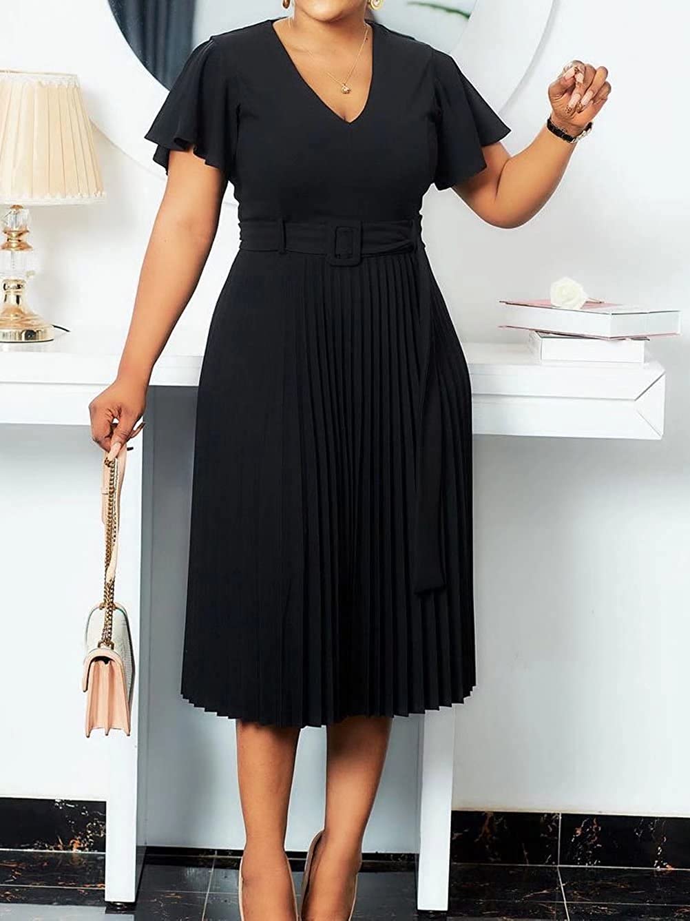 Women's Elegant Wear to Work Belted Pleated Flared Short Sleeve V Neck Casual Midi Dress for Cocktail Party