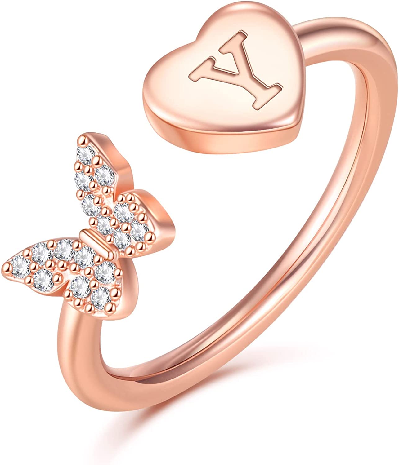 Stackable Initial Rings for Women Girls, Rose Gold Plated Butterfly Capital Letter Initial Rings for Women Teens Girls Letter Rings Stackable Rings for Girls Teen Girls