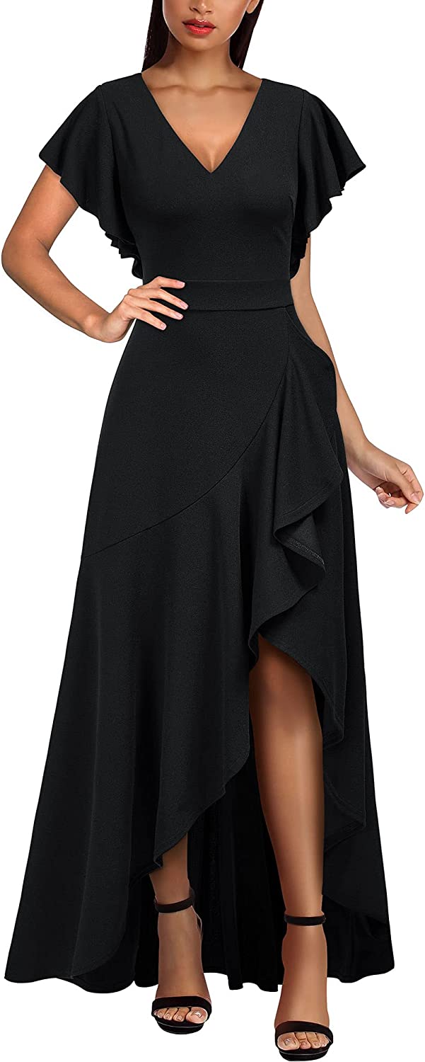 Women's Formal V Neck Ruffle Split Evening Party Long Dress