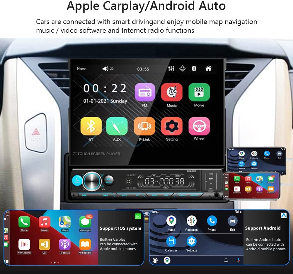 Single Din Car Stereo with CarPlay and Android Auto, Bluetooth Car Stereo with Backup Camera 7Inch flip Out Touch Screen Car Radio MP5 Player Support USB, TF, Radio, Aux-in, SWC,Mirror Link
