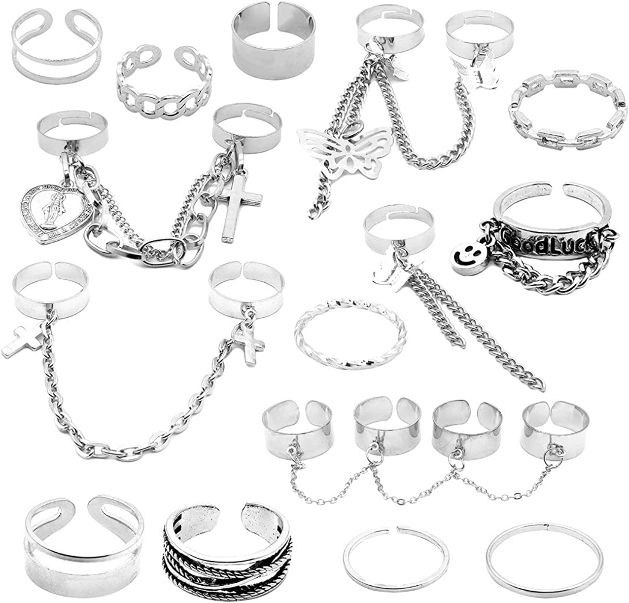 Gothic Punk Chain Finger Rings Set, 17PCS Adjustable Stackable Vintage Silver Emo Rings for Women Men Girls ,Smiley Cross Butterfly Knuckle Rings