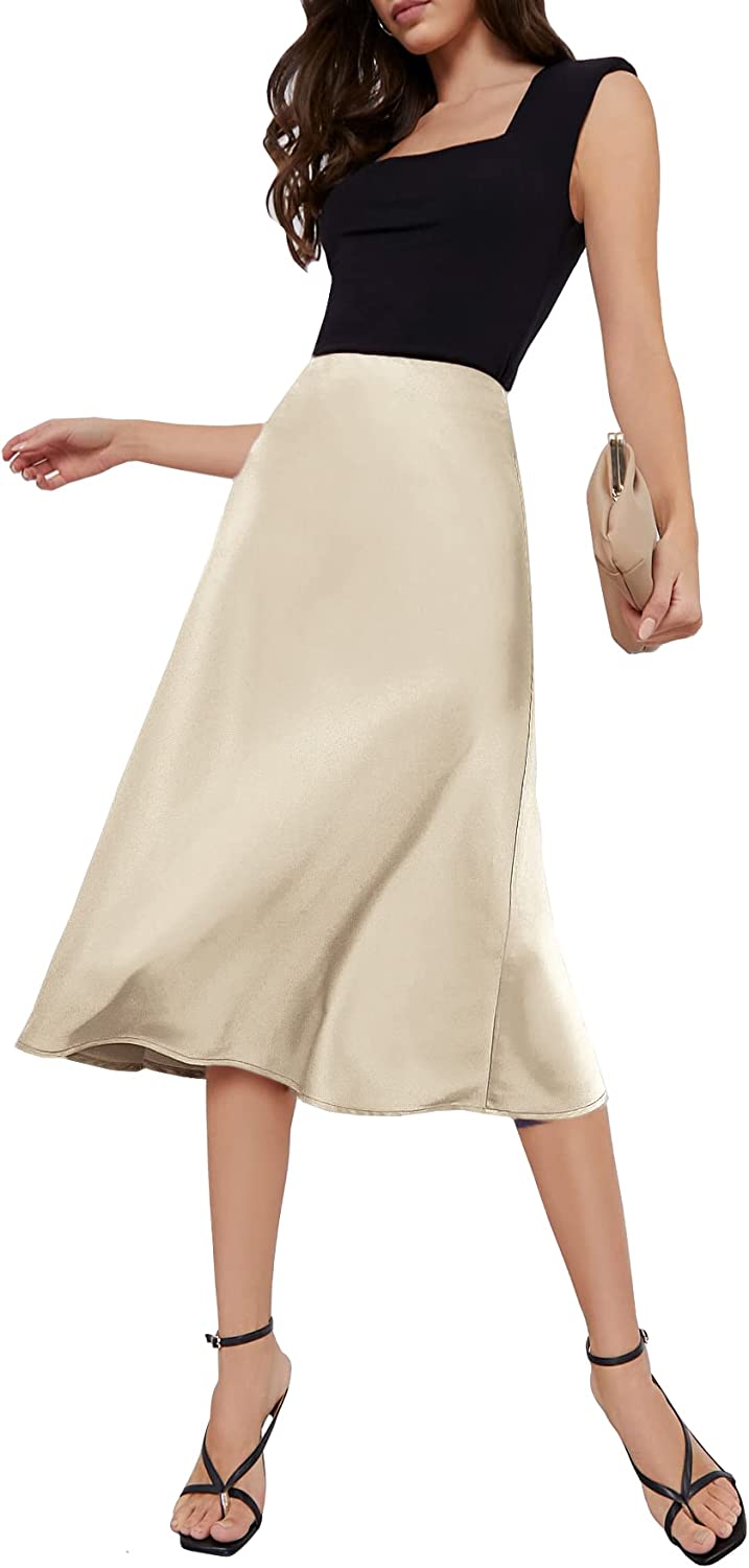 Women's High Waist A Line Skirts Solid Zipper Up Flared Midi Skirt