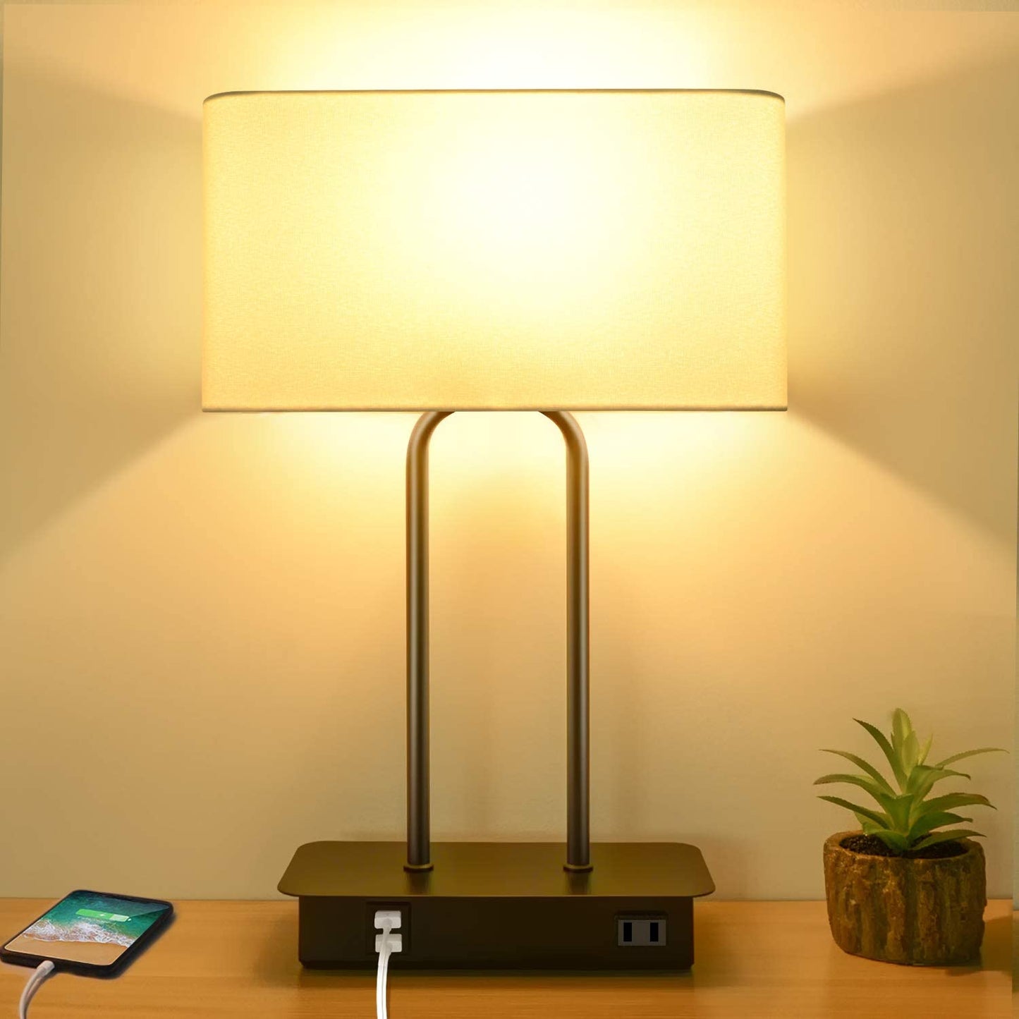 3-Way Dimmable Touch Control Table Lamp with 2 USB Ports and AC Power Outlet Modern Bedside Nightstand Lamp with Fabric Shade and Metal Base for Guestroom Bedroom Living Room & Hotel LED Bulb Included