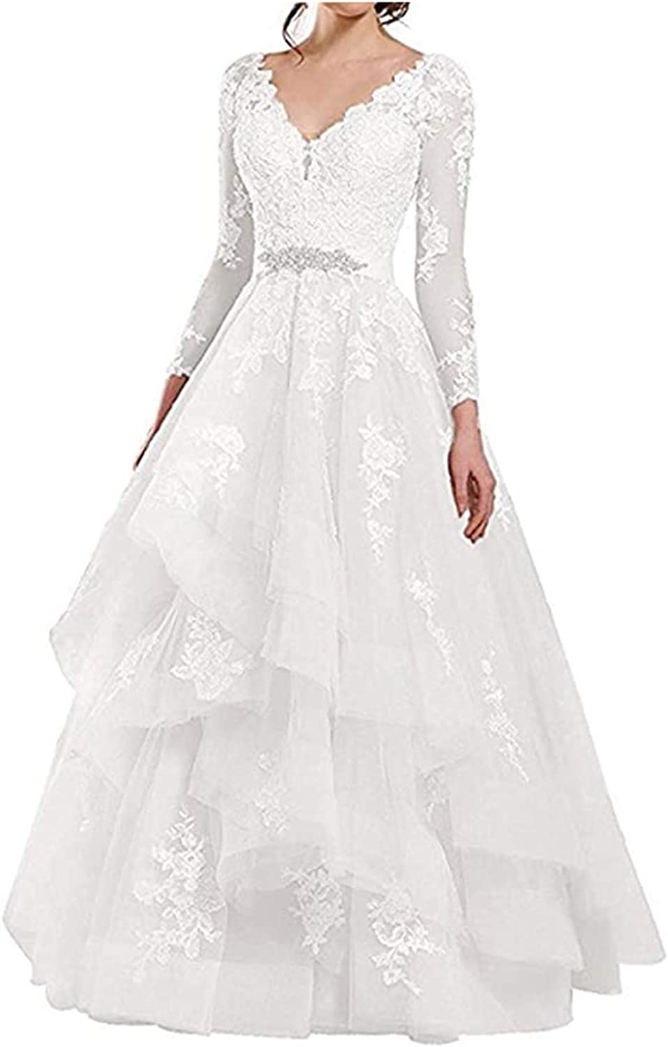 See Through Long Sleeve Applique Wedding Dresses Double V Neck Ruffled Organza Bridal Dress for Bride