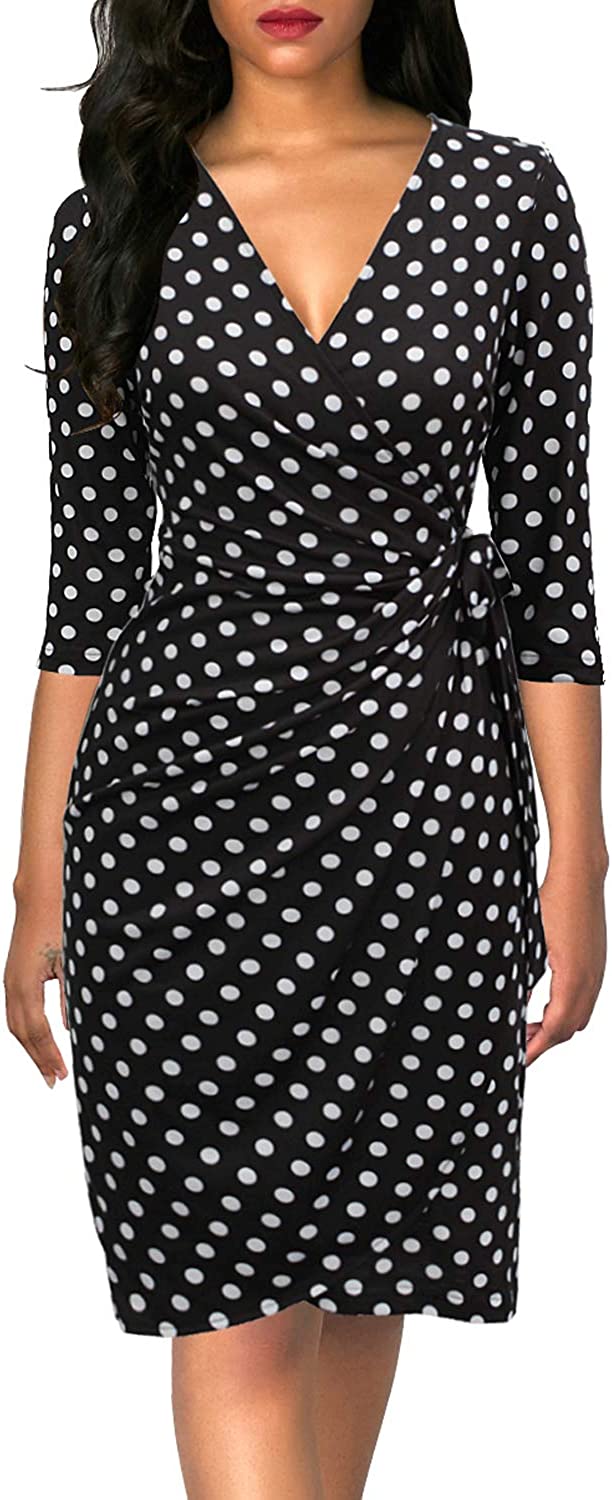 Women's Classic 3/4 Sleeve V Neck Sheath Casual Party Work Faux Black Wrap Dress