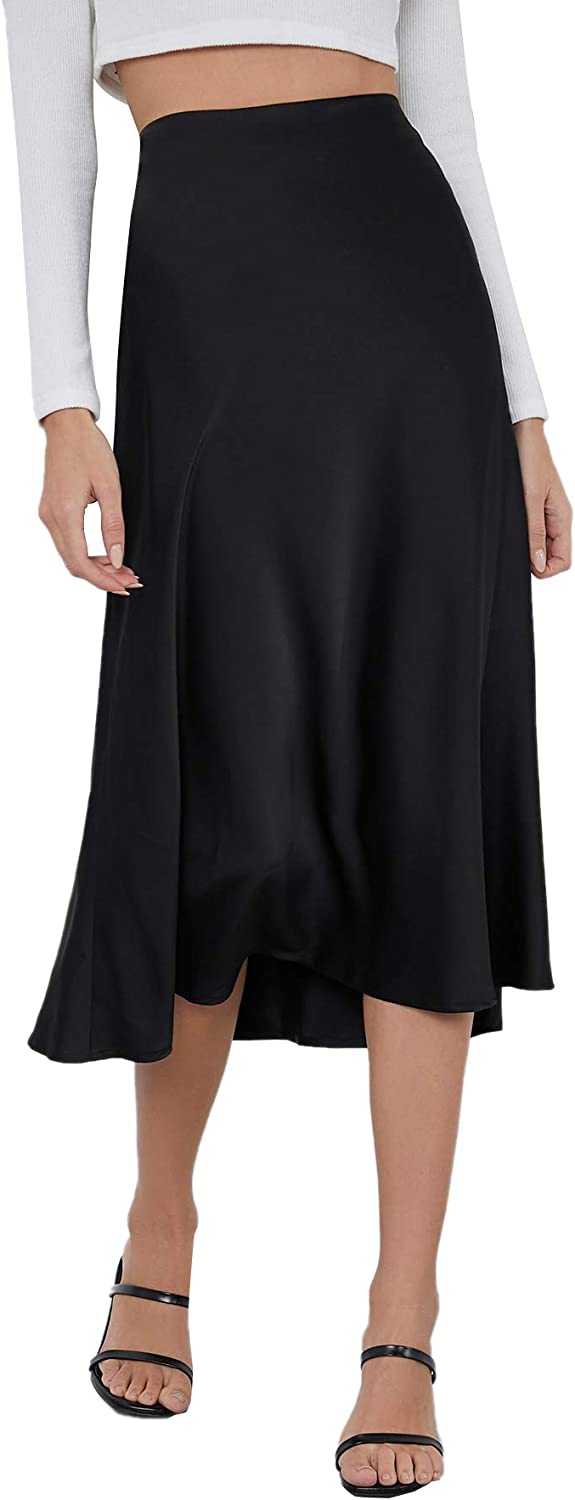 Women's High Waist A Line Skirts Solid Zipper Up Flared Midi Skirt