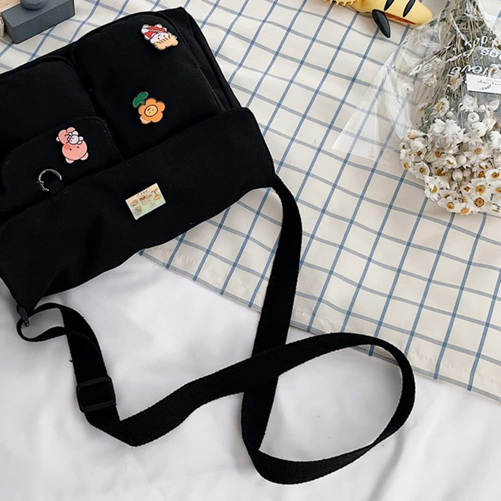 Canvas Crossbody Bag with Kawaii Pins and Pendent for Women Girls Casual Shoulder Messenger Bag Students Schoolbag