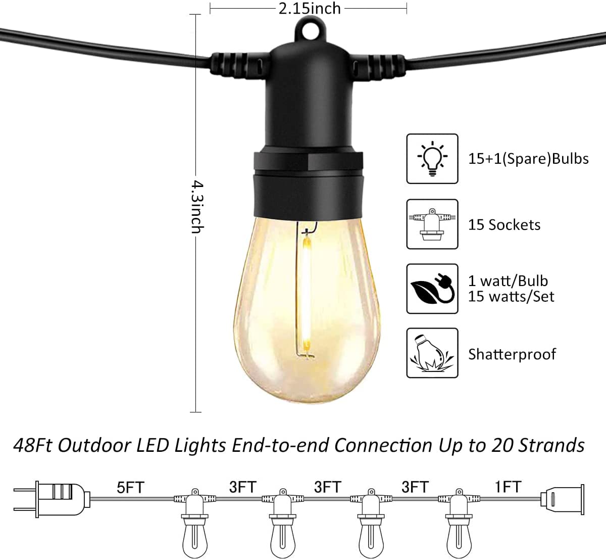 48FT LED Outdoor String Light, Waterproof Outdoor Patio LED Lights with Shatterproof Dimmable S14 Bulbs UL Listed Heavy-Duty Outdoor String Lights, Vintage Patio Lights for Wedding Party