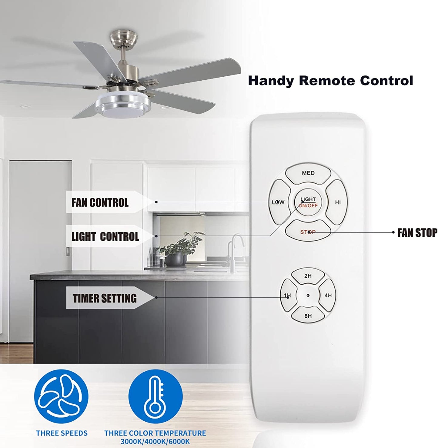 warmiplanet Ceiling Fan with Lights Remote Control, 52 Inch, Brushed Nickel (5-Blades)
