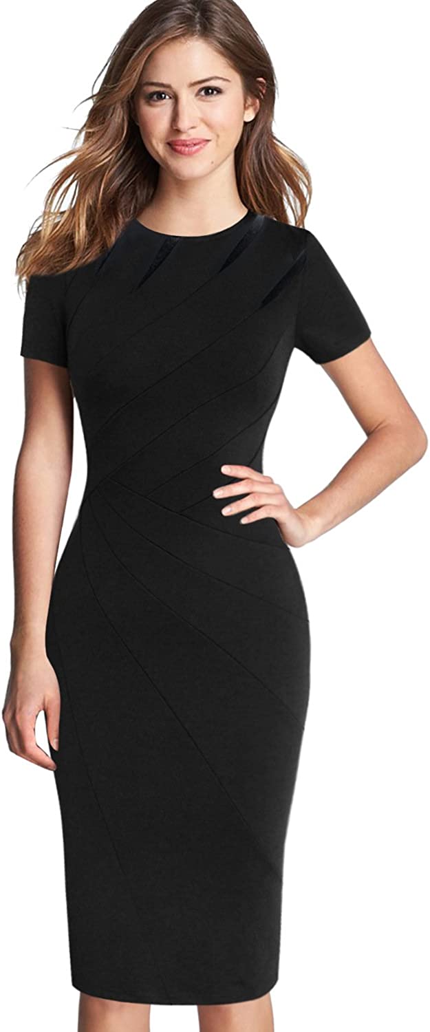 Womens Elegant Crew Neck Patchwork Pleated Work Business Office Casual Dress