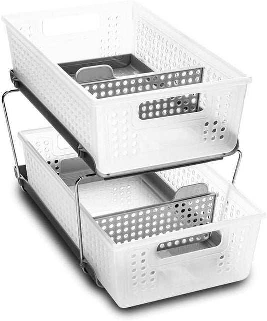 madesmart 2-Tier Organizer, Multi-Purpose Slide-Out Storage Baskets with Handles and Dividers, Frost