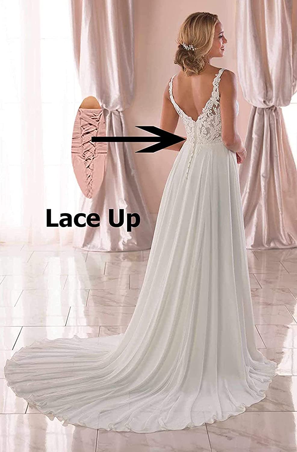 Women's A-line Chiffon Slit Beach Wedding Dresses for Bride Lace Boho Bridal Gowns