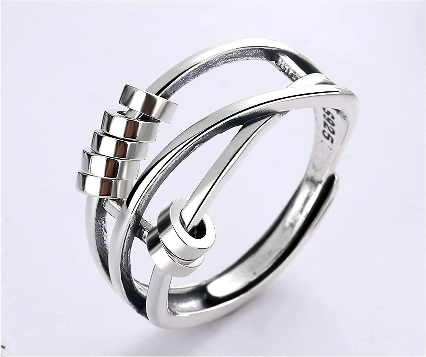 Silver Anti Anxiety Rings For Women Men Fidget Spinner Band Unisex Adjustable Stacking Spinning Worry Ring