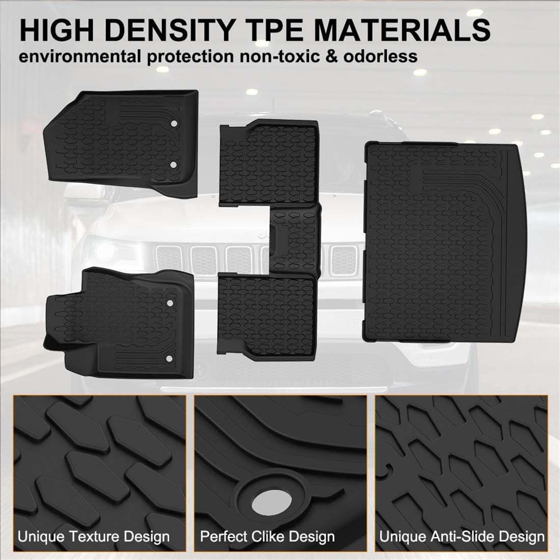 Floor Mats & Cargo Liners Set Compatible for 2017-2022 Jeep Compass Accessories Front & 2nd Row Seat Trunk All Weather Mat Slush Liner Black