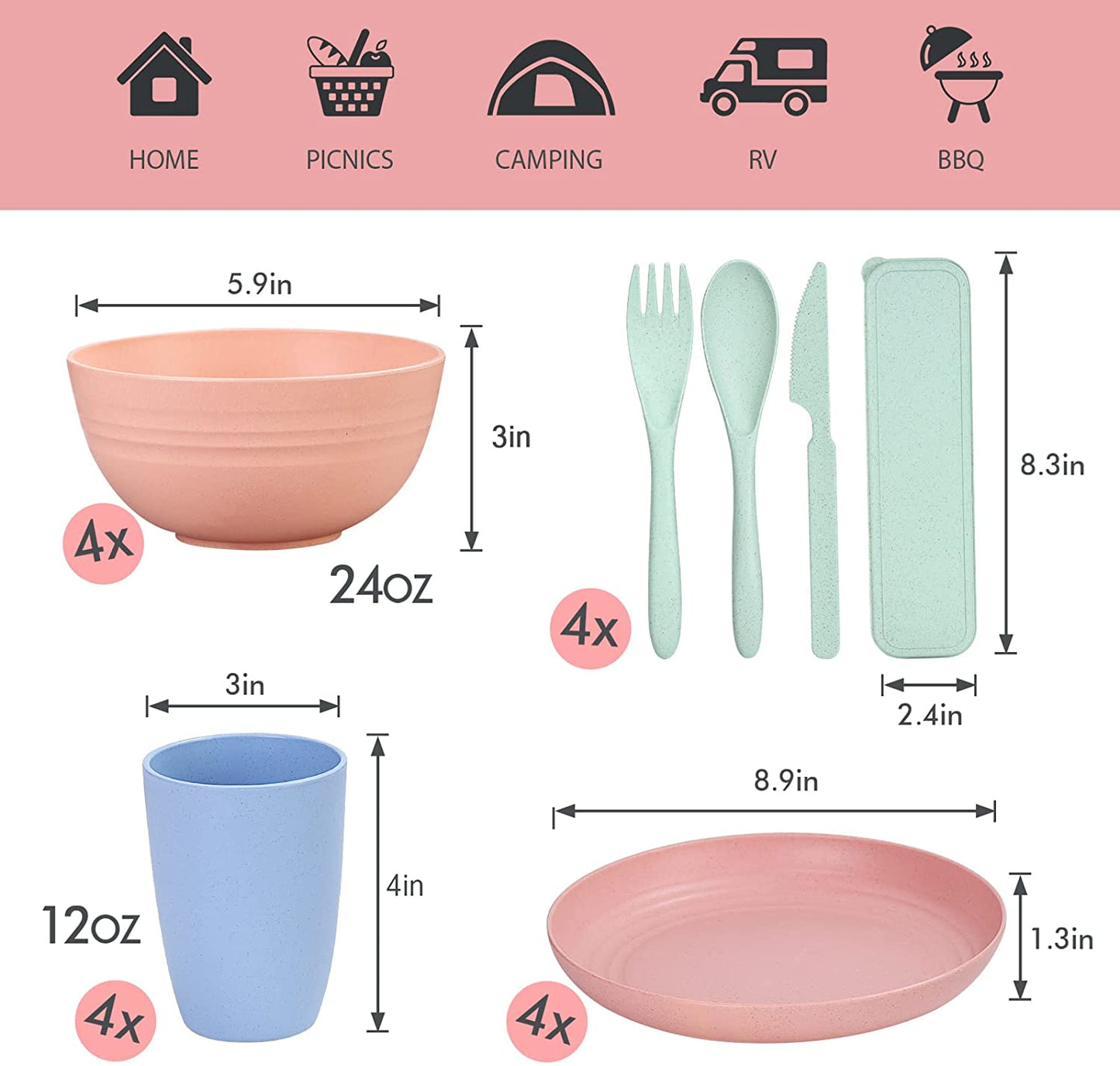 Wheat Straw Dinnerware Sets, 28PCS Unbreakable, Microwave and Dishwasher Safe Tableware Set, Lightweight Plates, Cups, Bowls, Forks (Colorful, Fork)