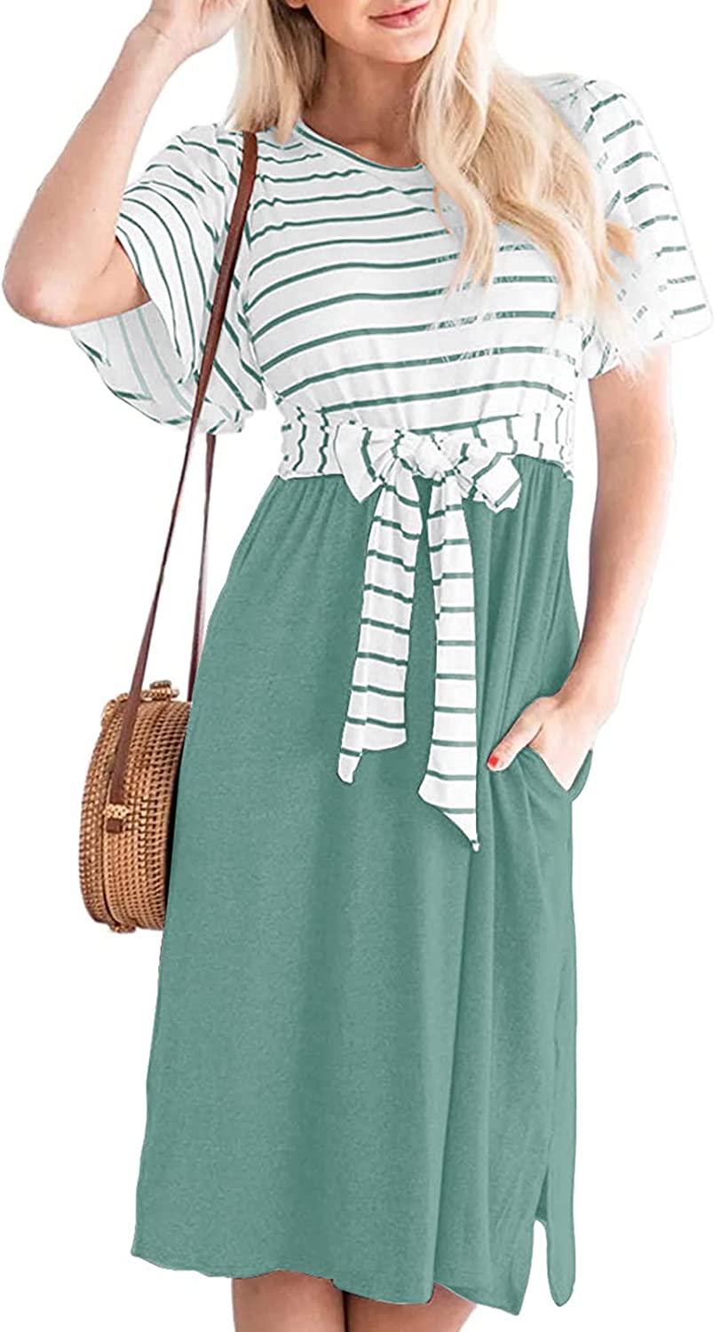 Women's Summer Striped Ruffle Sleeves Tie Waist Pockets Casual Swing Midi Dress