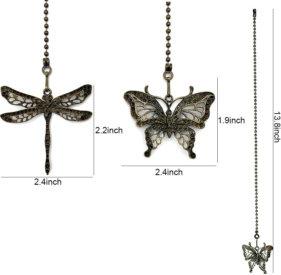 Dotlite Bronze Ceiling Fan Pull Chain Set,Decorative Fan Pull Chain Pendant Extension,12 Inches Lighting & Fan Beaded Ball Fan Pull Chain Extender with Connector,Dragonfly and Butterfly,2Pack (Bronze)