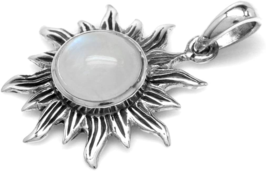 Silvershake 8MM Natural Moonstone 925 Sterling Silver Sun Ray Inspired Pendant with 18 Inch Chain Necklace