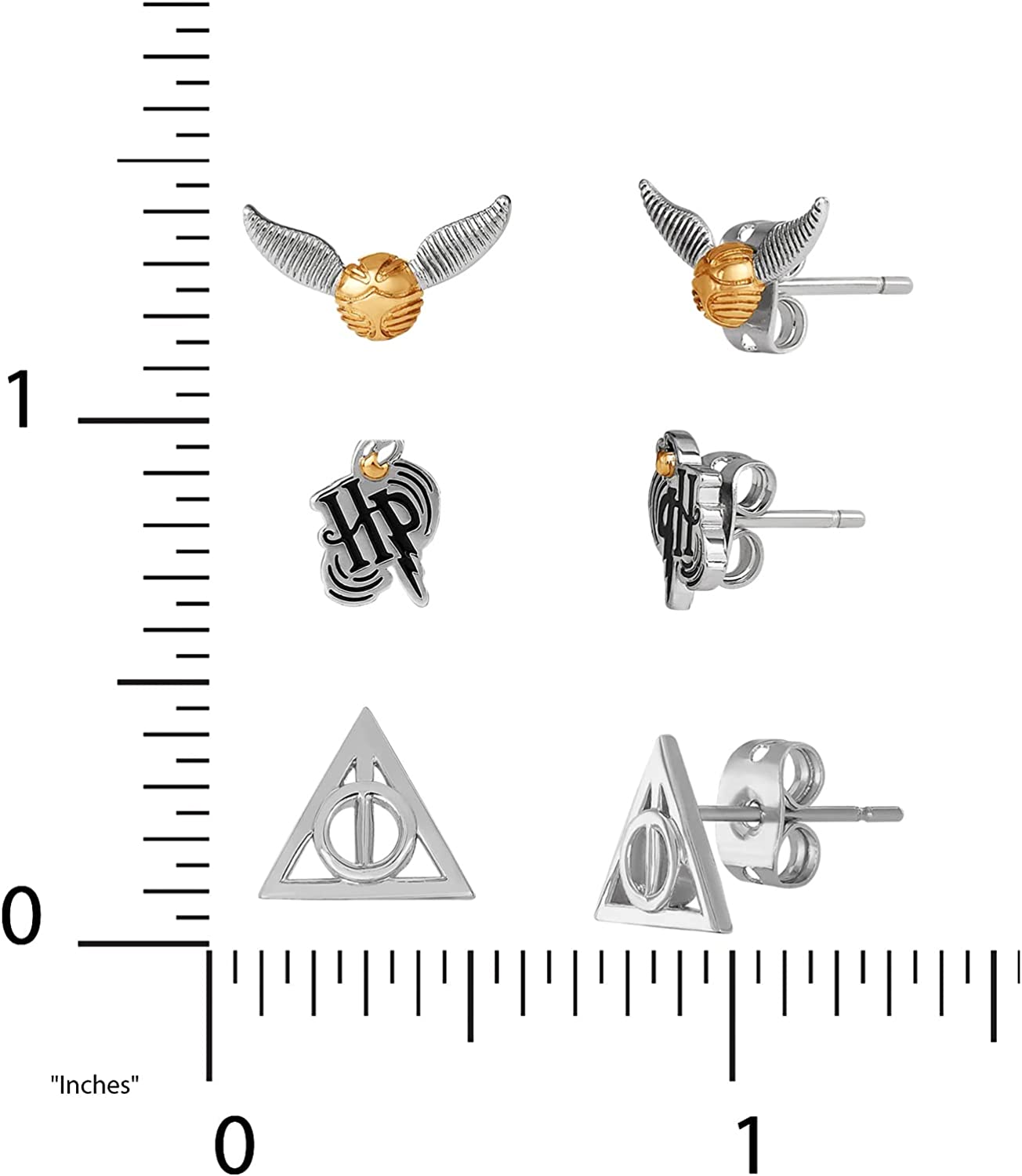 Harry Potter Jewelry, 3 Pair Earrings Sets, Gold Plated, Silver Plated Studs - Harry Potter Glasses, Deathly Hallows, and Lighting Scar; HP, Deathly Hallows, and Golden Snitch