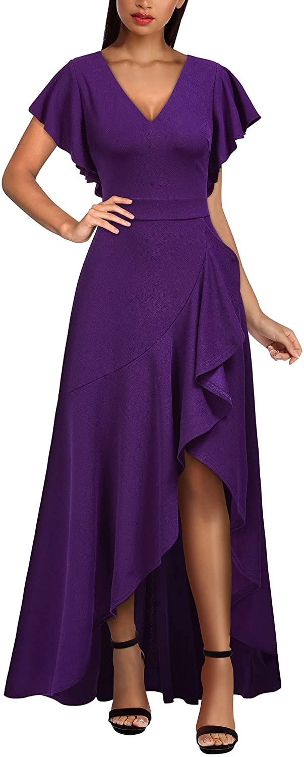 Women's Formal V Neck Ruffle Split Evening Party Long Dress