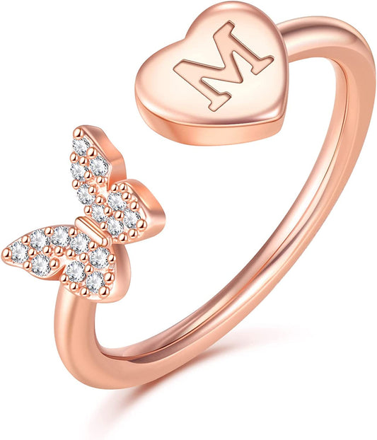 Stackable Initial Rings for Women Girls, Rose Gold Plated Butterfly Capital Letter Initial Rings for Women Teens Girls Letter Rings Stackable Rings for Girls Teen Girls