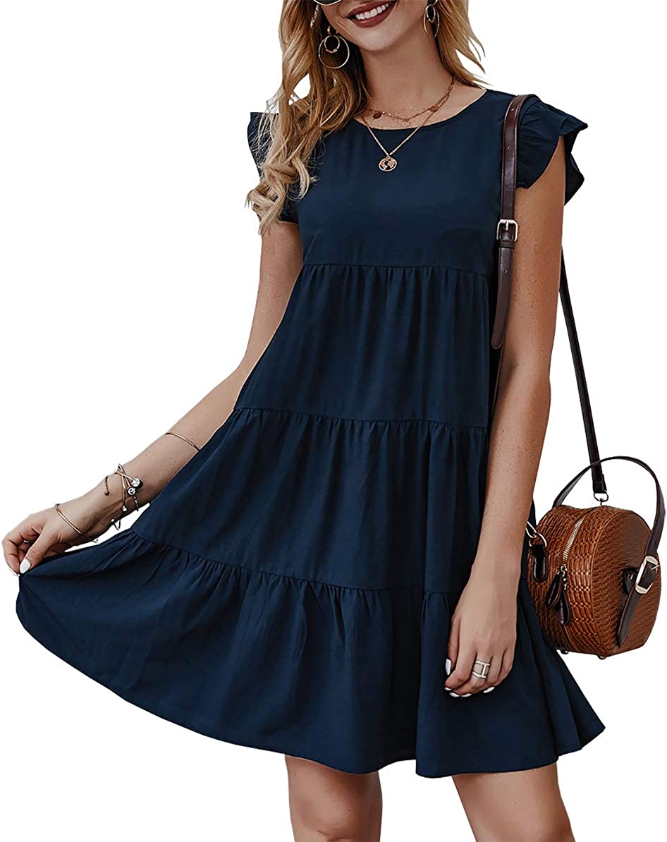 Women’s Summer Dress Sleeveless Ruffle Sleeve Round Neck Mini Dress Solid Color Loose Fit Short Flowy Pleated Dress
