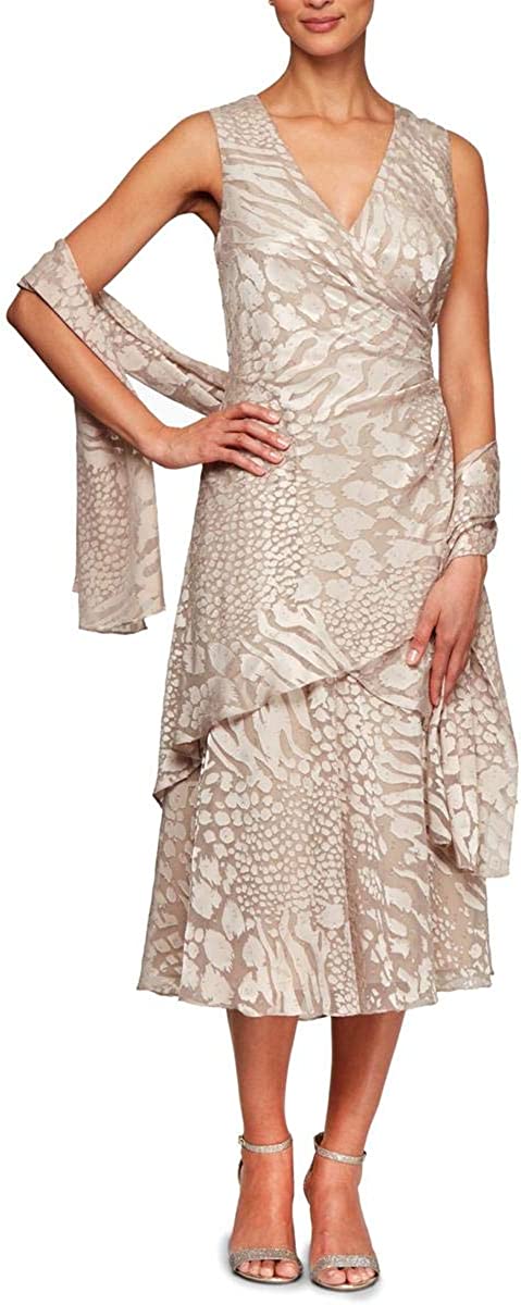 Evenings Women's Tea Length Printed Chiffon Dress with Shawl