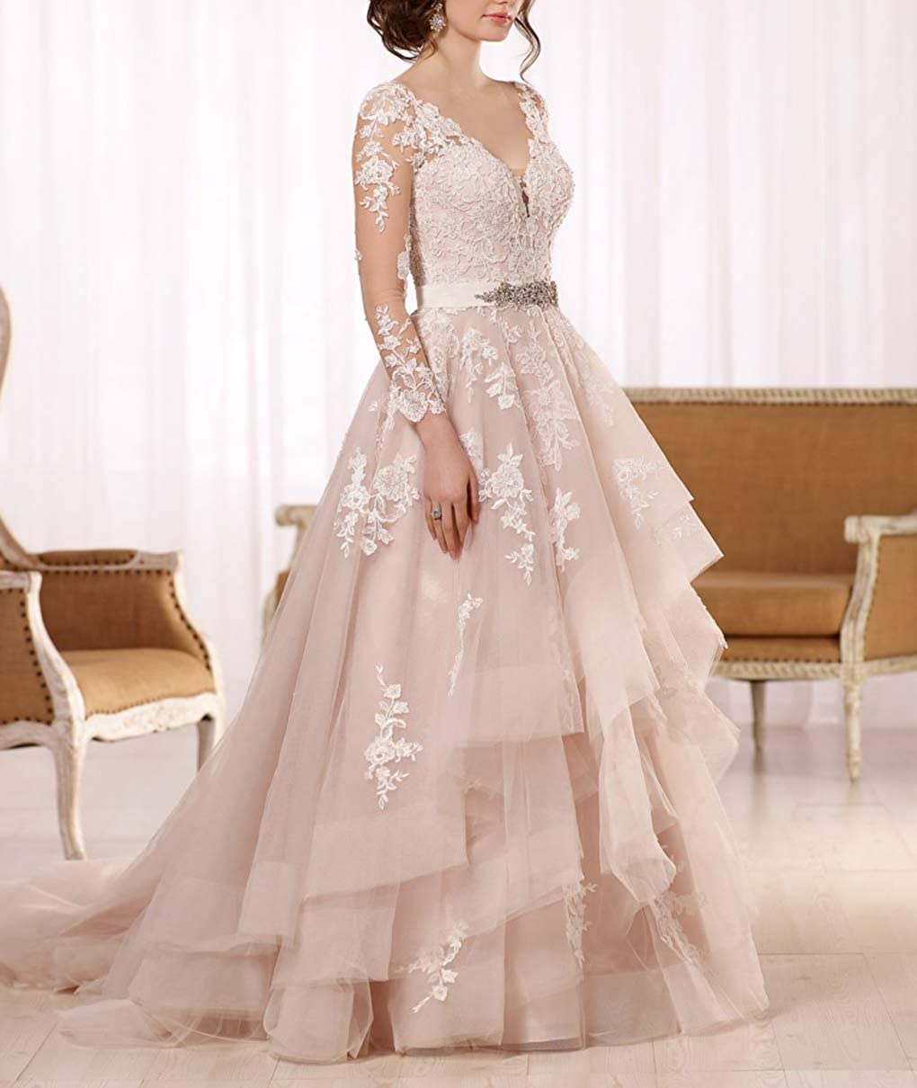 See Through Long Sleeve Applique Wedding Dresses Double V Neck Ruffled Organza Bridal Dress for Bride