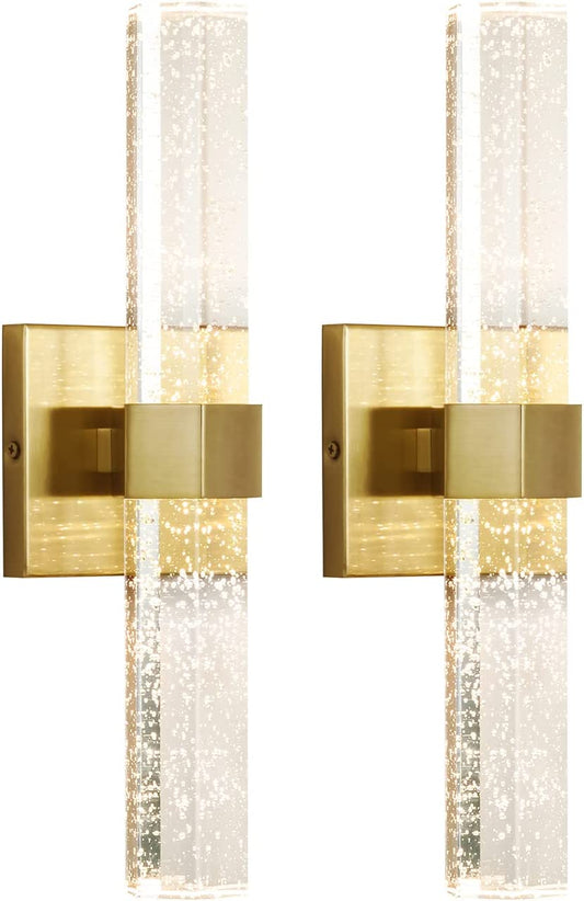 Wall Sconces Lighting Set of Two - Epinl Crystal Bathroom Light Fixture LED Gold Sconces Wall Lighting with Bubble Glass 15.7inch Indoor Vanity Lights for Bathroom Hallway Bedroom Living Room (2 Pack)