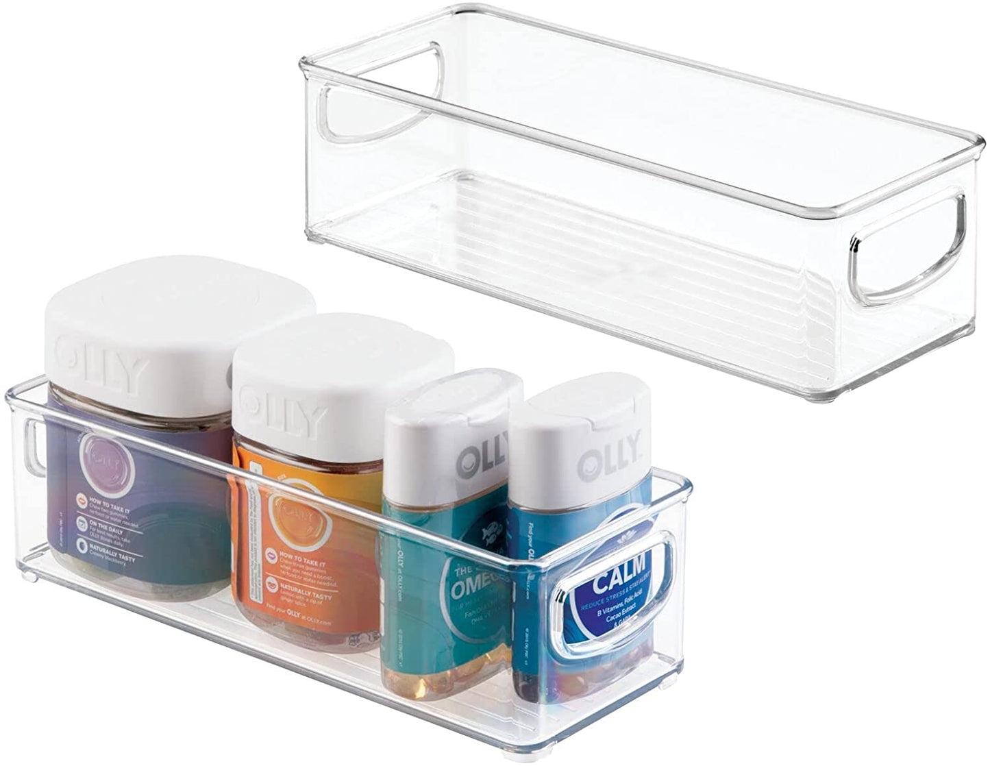mDesign Plastic Bathroom Organizer - Storage Holder Bin with Handles for Vanity, Cupboard, Cabinet Shelf, Linen or Hallway Closets, Holds Styling Tools, Beauty Products, or Toiletries - 2 Pack - Clear