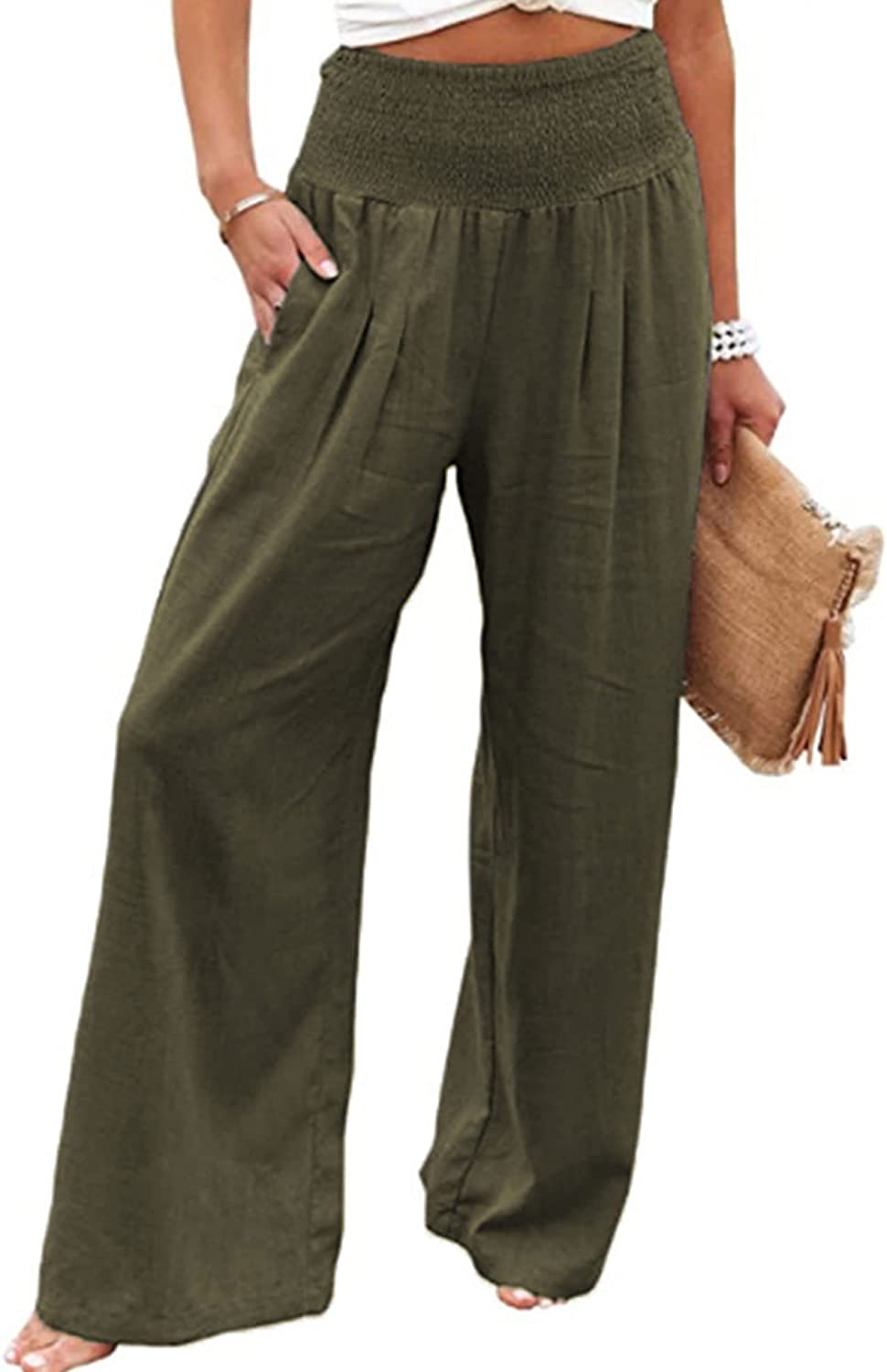 Women's High Waist Cotton Linen Pants Elastic Straight Wide Leg Smocked Pockets Beach Pants