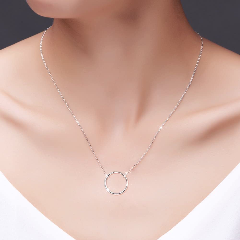 Ladytree S925 Sterling Silver Dainty Simple Circle Pendant Eternity Necklace,Rolo Chain,18+2