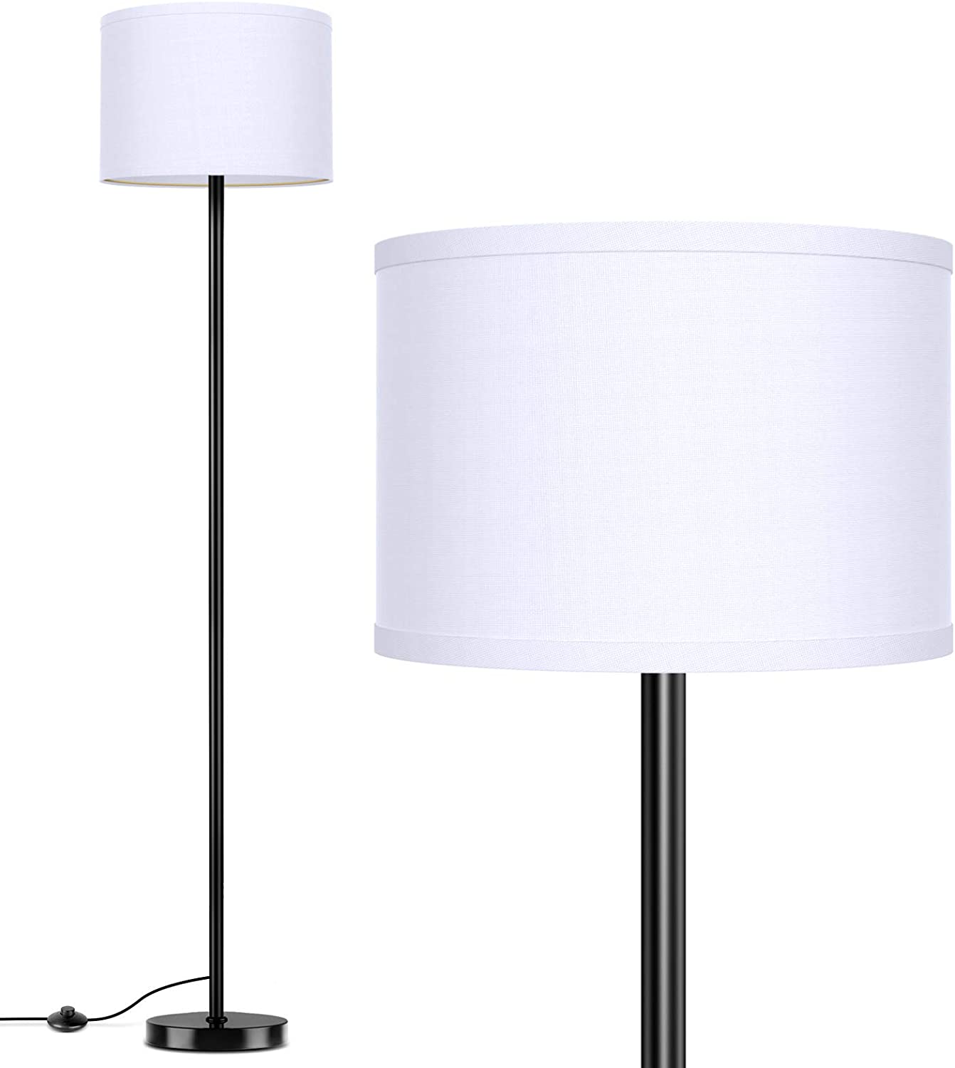 LED Floor Lamp Simple Design, Modern Standing Lamp with Shade,Tall Lamp for Living Room Bedroom Office Study Room, Black Pole Lights with Foot Switch, White Stand Up Lamp Fabric, E26 Base