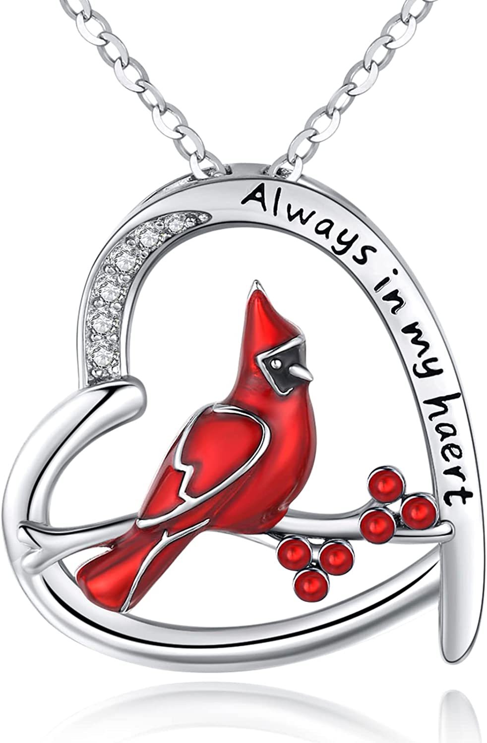 Cardinal Gifts 925 Sterling Silver Heart Cardinal Red Bird Necklace Memorial Gift Cardinal Jewelry for Women Girl