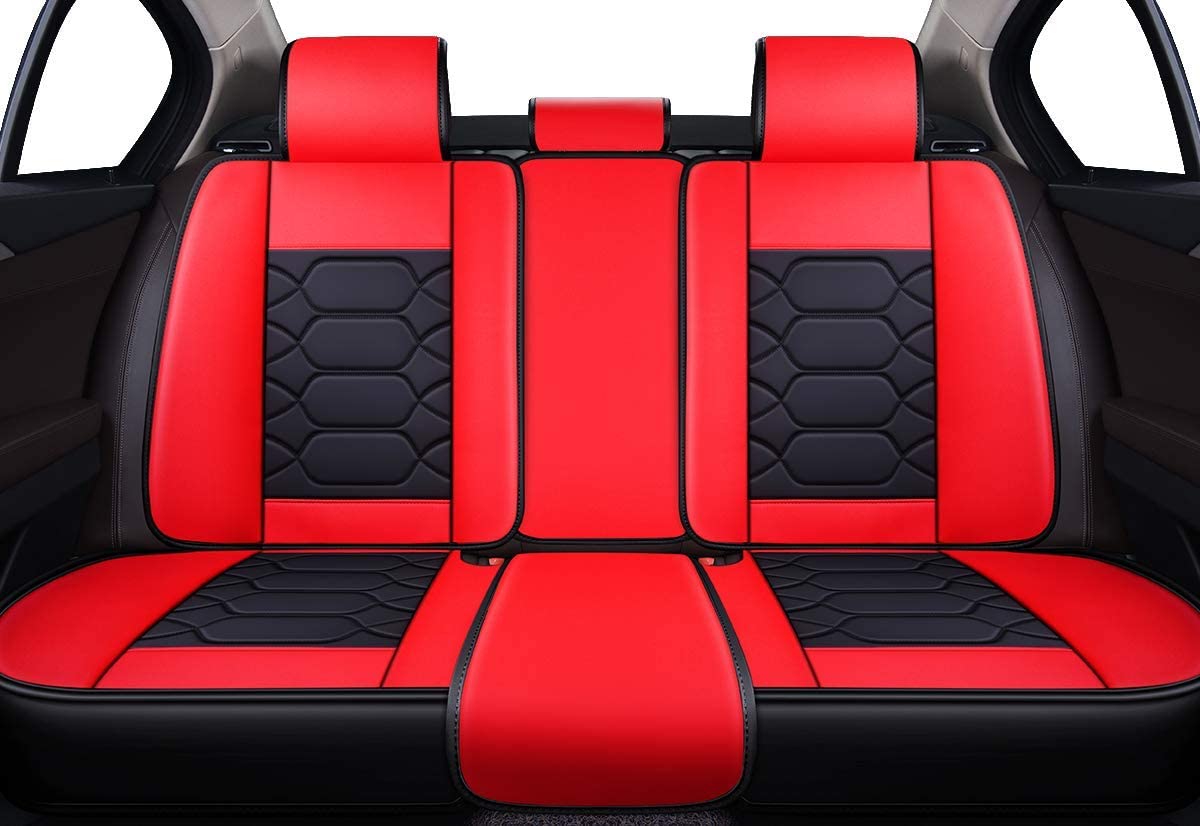 Leather Car Seat Covers, Faux Leatherette Automotive Vehicle Cushion Cover for 5 Passenger Cars & SUV Universal Fit Set for Auto Interior Accessories (Front&Rear, Black&RED)