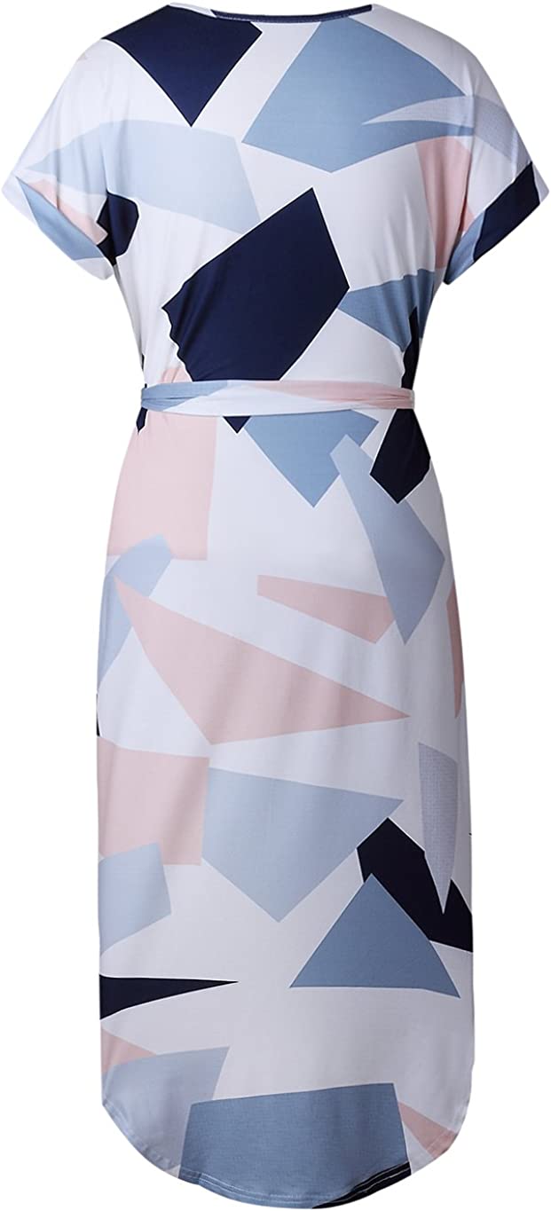 Womens Midi Dresses Summer V-Neck Short Sleeve Casual Office Geometric Belted Dress