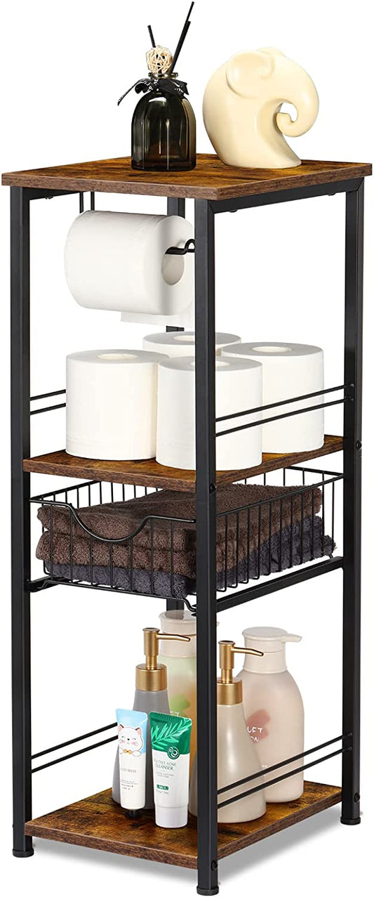 Toilet Paper Cabinet, 4 Tier Small Bathroom Storage Cabinet, Narrow Bathroom Cabinet for Small Spaces and Corner, Toilet Paper Holder with 1 Drawer and 3 Shelves(Rustic Brown)