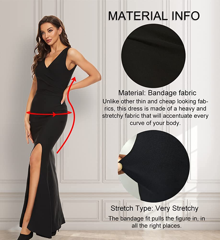 Women's Sleeveless V Neck Split Bandage Long Wedding Guest Evening Party Formal Dress