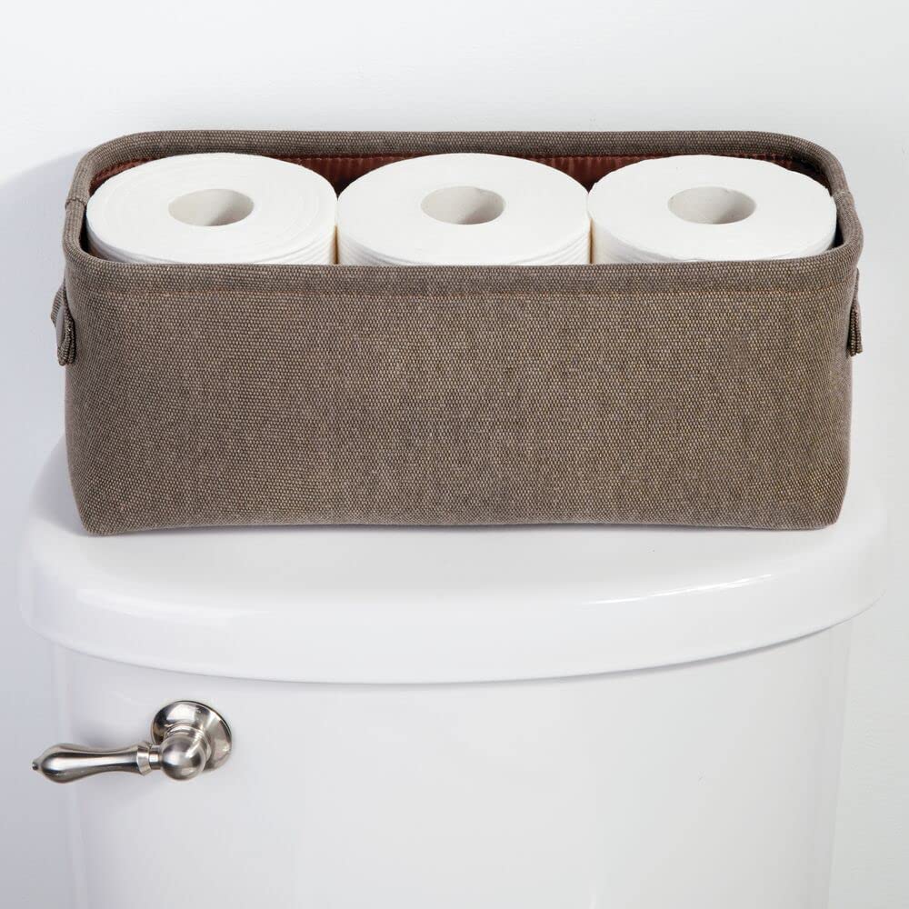 mDesign Soft Cotton Fabric Bathroom Storage Bin with Attached Handles - Organizer for Towels, Toilet Paper Rolls - for Back of Toilet, Cabinets, and Vanities - Espresso Brown