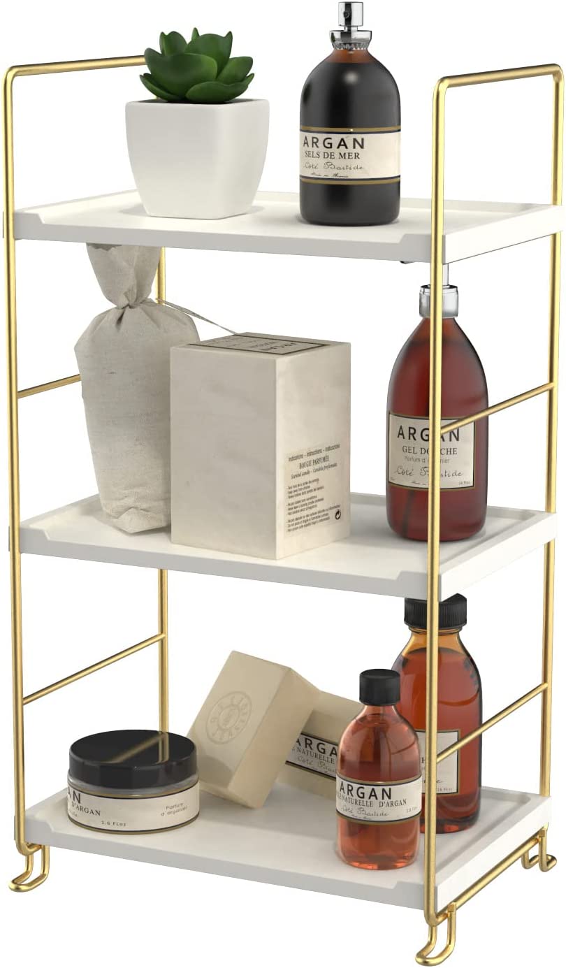 3-Tier Bathroom Organizer Countertop,Bathroom Makeup Organizer White Vanity Tray or Kitchen Spice Rack Perfume Organizer Cosmetic Display Cases (Gold)