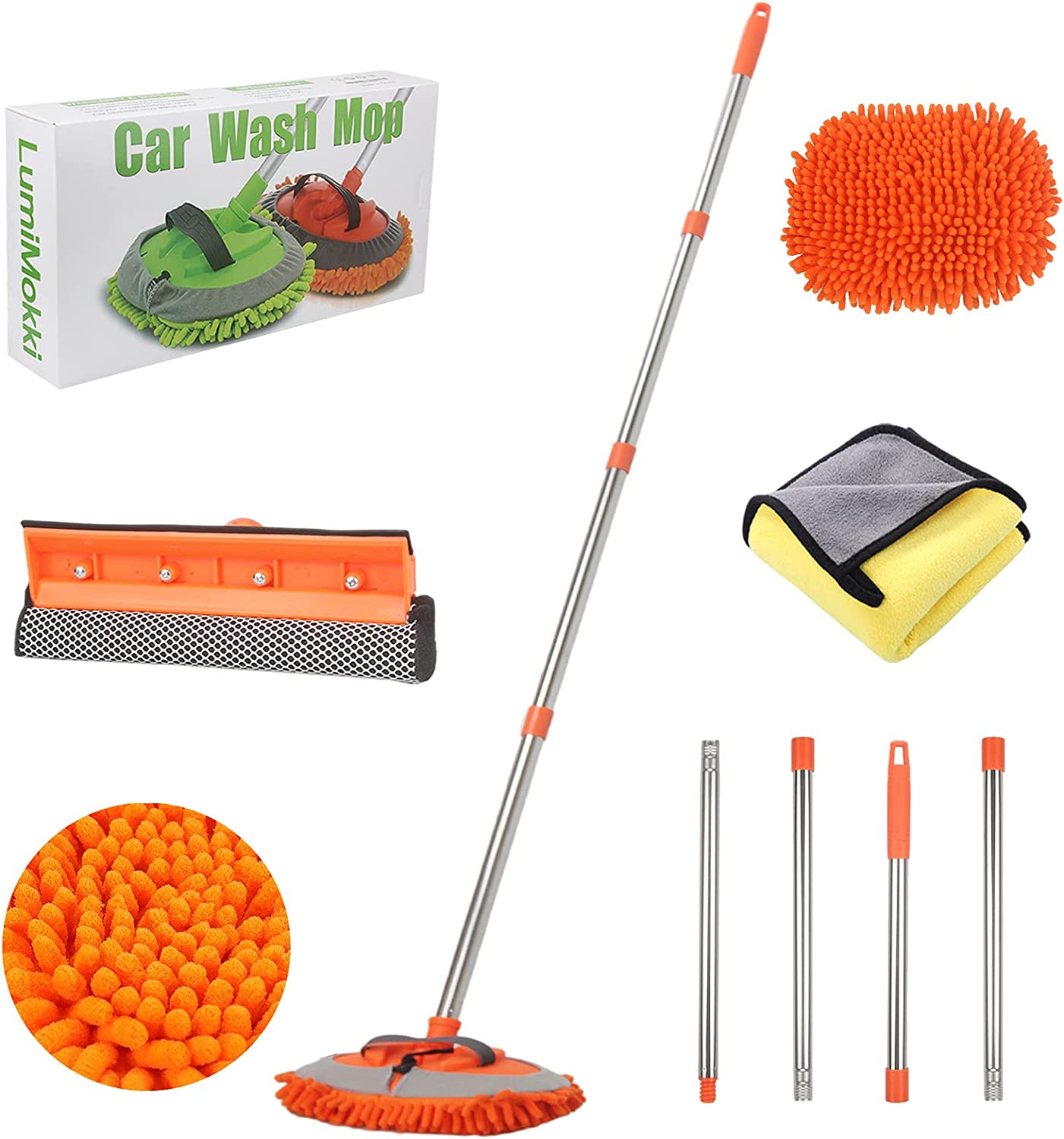 62" Car Wash Mop Kit, Car Wash Brush with Long Handle Stainless Steel Pole, Car Wash Kit Car Detailing Kit Car Wash Mop Mitt Car Cleaning Supplies Kit for RV Cars SUV Trucks and Bus (Green)