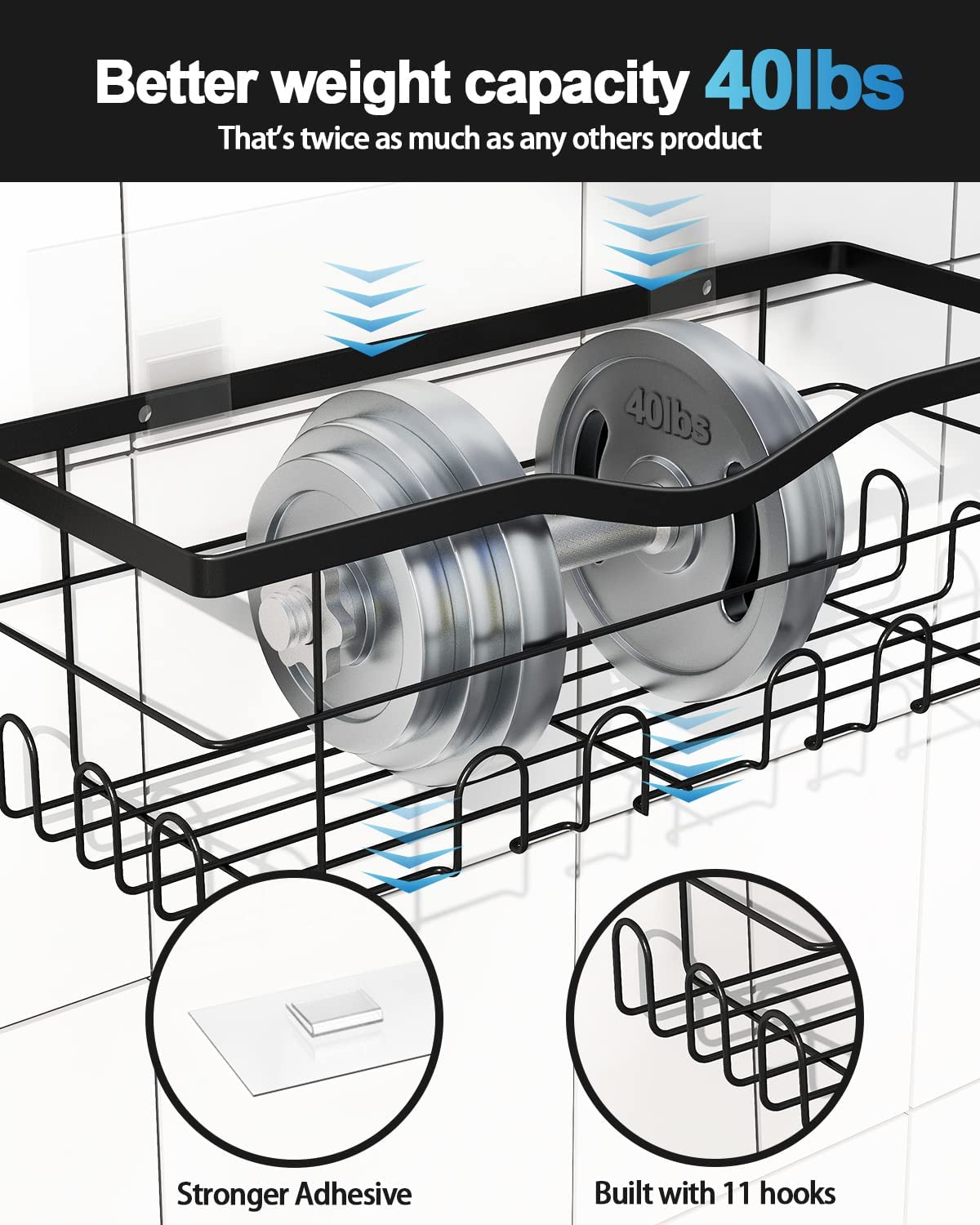3 Pack Shower Caddy Organizer, Adhesive Shower Shelf for Inside Shower，Stainless Steel Bathroom Organizer Shelf Shower Basket Storage Shower Rack, Shower Wall Caddy with 4 Removable Hooks Metal Black
